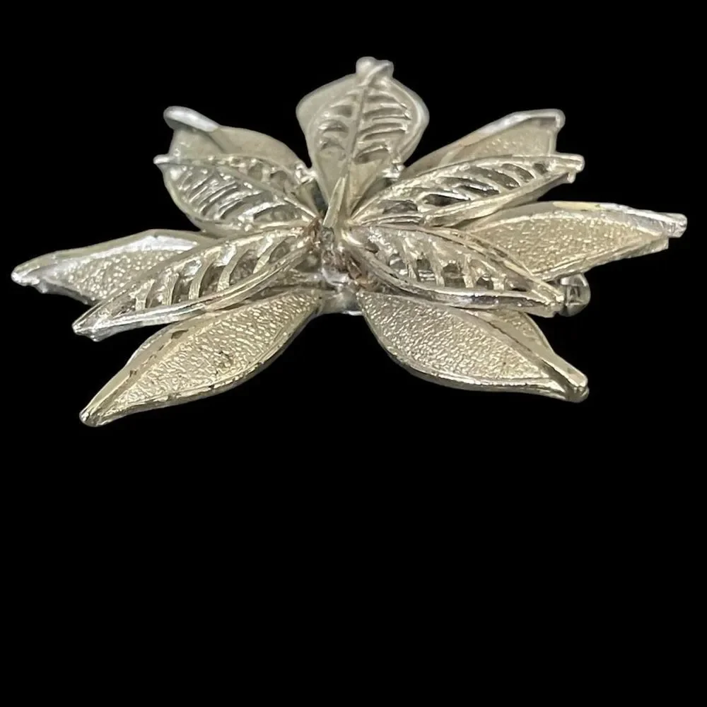 Signed Coro Vintage Double Stacked Silver Tone Leaf Brooch Pin Open Work Brushed